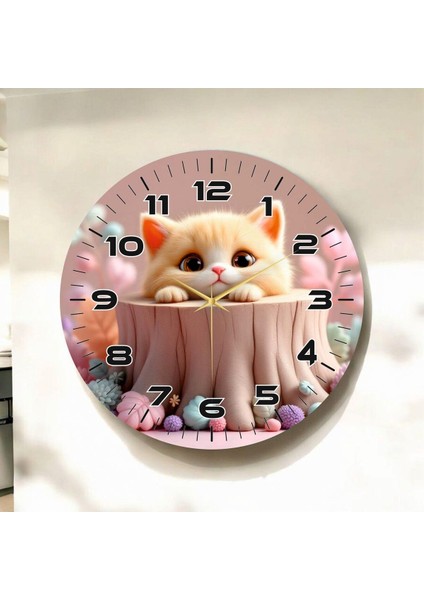 Renkli Baskı Kedi Çocuk Desenli Sayılı Hediyelik Ahşap Sessiz Duvar Saati 50CM