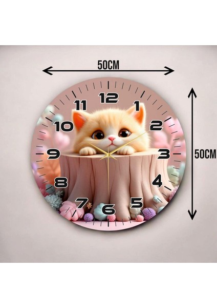 Renkli Baskı Kedi Çocuk Desenli Sayılı Hediyelik Ahşap Sessiz Duvar Saati 50CM modelleri