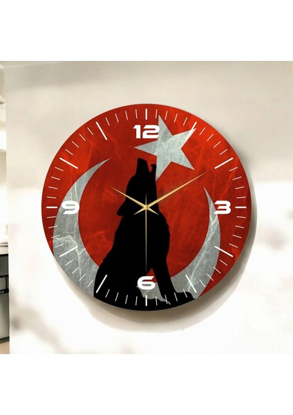 Renkli Baskı Türk Bayrağı Bozkurt Desenli Sayılı Hediyelik Ahşap Sessiz Duvar Saati 50CM