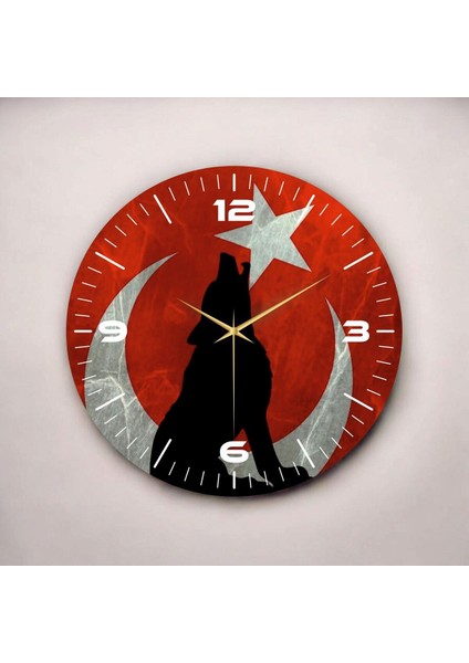 Renkli Baskı Türk Bayrağı Bozkurt Desenli Sayılı Hediyelik Ahşap Sessiz Duvar Saati 50CM fiyatları