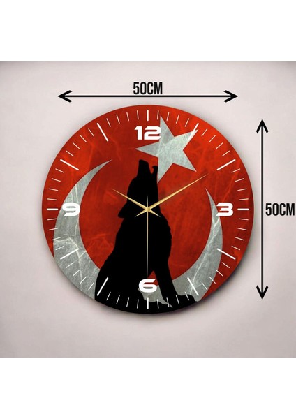 Renkli Baskı Türk Bayrağı Bozkurt Desenli Sayılı Hediyelik Ahşap Sessiz Duvar Saati 50CM modelleri