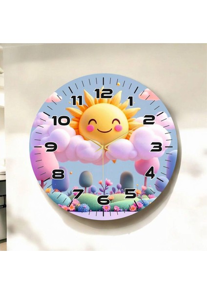 Renkli Baskı Güneş Bulut Çocuk Desenli Sayılı Hediyelik Ahşap Sessiz Duvar Saati 45CM