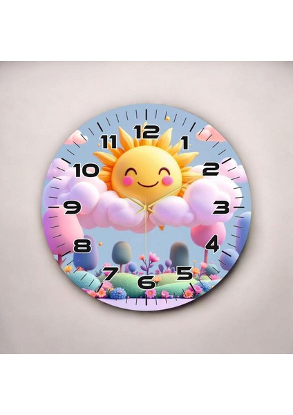 Renkli Baskı Güneş Bulut Çocuk Desenli Sayılı Hediyelik Ahşap Sessiz Duvar Saati 45CM fiyatları
