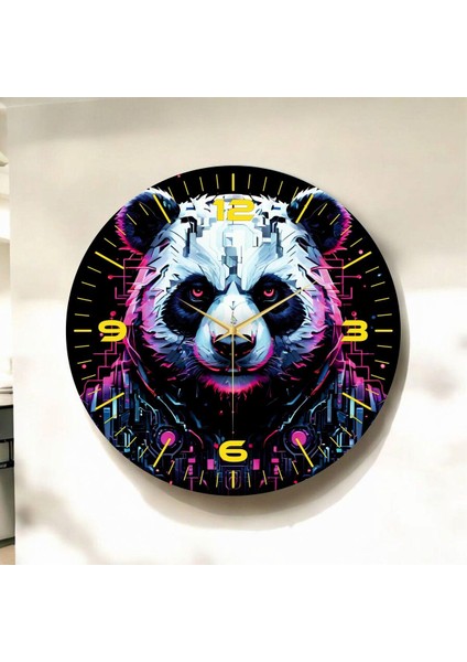 Renkli Baskı Panda Gamer Desenli Sayılı Hediyelik Ahşap Sessiz Duvar Saati 45CM