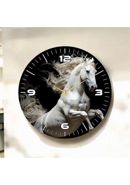Beyaz At Siyah Renkli Baskı Hayvan Desenli Sayılı Hediyelik Ahşap Sessiz Duvar Saati 45CM