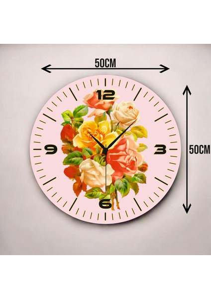 Renkli Baskı Çiçek Gül Desenli Sayılı Hediyelik Ahşap Sessiz Duvar Saati 50CM
