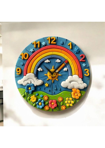 Renkli Baskı Güneş Doğa Çocuk Desenli Sayılı Hediyelik Ahşap Sessiz Duvar Saati 45CM