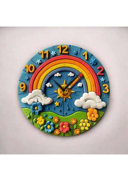 Renkli Baskı Güneş Doğa Çocuk Desenli Sayılı Hediyelik Ahşap Sessiz Duvar Saati 45CM fiyatları