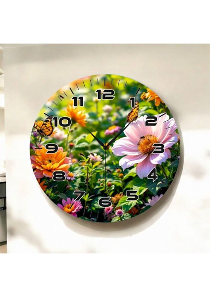 Renkli Baskı Çiçek Doğa Desenli Sayılı Hediyelik Ahşap Sessiz Duvar Saati 45CM
