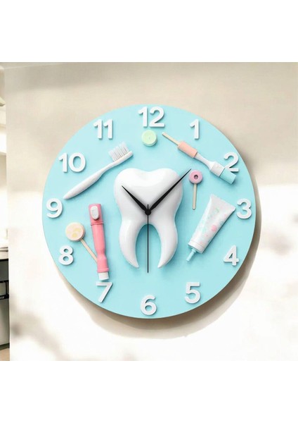 Diş Tasarımlı Kabartma Görünümlü Renkli Baskı Desenli Sayılı Hediyelik Ahşap Sessiz Duvar Saati 45CM
