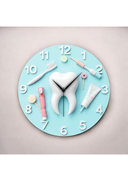 Diş Tasarımlı Kabartma Görünümlü Renkli Baskı Desenli Sayılı Hediyelik Ahşap Sessiz Duvar Saati 45CM fiyatları