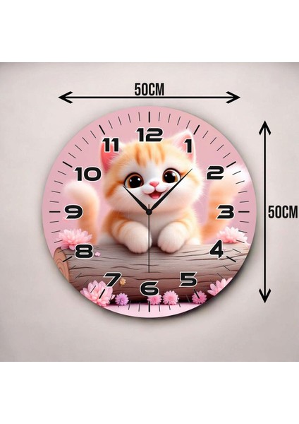 Kedi Renkli Baskı Çocuk Odası Desenli Sayılı Hediyelik Ahşap Sessiz Duvar Saati 50CM
