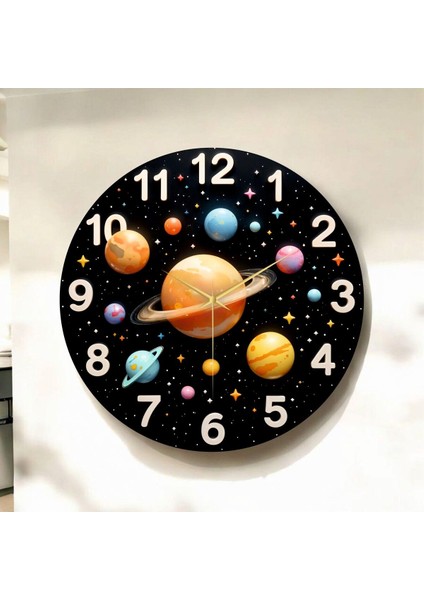 Renkli Baskı Gezegen ve Uzay Desenli Sayılı Hediyelik Ahşap Sessiz Çocuk Duvar Saati 45CM