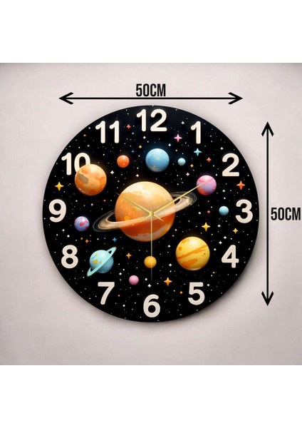 Renkli Baskı Gezegen ve Uzay Desenli Sayılı Hediyelik Ahşap Sessiz Çocuk Duvar Saati 45CM modelleri