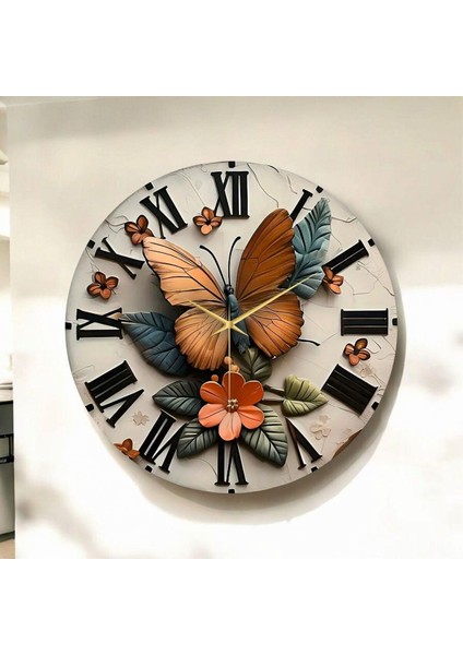 Renkli Baskı Kelebek Yaprak Desenli Sayılı Hediyelik Ahşap Sessiz Duvar Saati 50CM