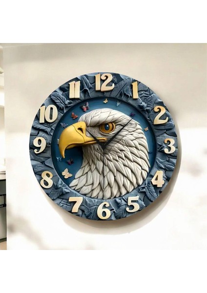 Renkli Baskı Kartal Hayvan Desenli Sayılı Hediyelik Ahşap Sessiz Duvar Saati 45CM