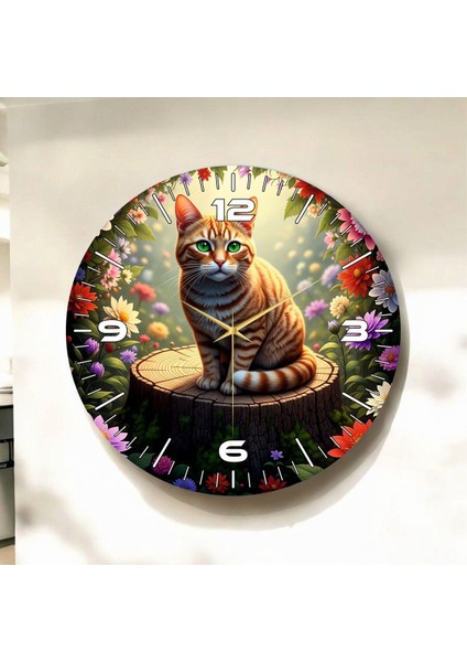 Sarı Kedi Renkli Baskı Hayvan Desenli Sayılı Hediyelik Ahşap Sessiz Duvar Saati 45CM