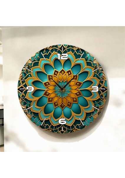 Zarif Renkli Baskı Mandala Desenli Sayılı Hediyelik Ahşap Sessiz Duvar Saati 45CM