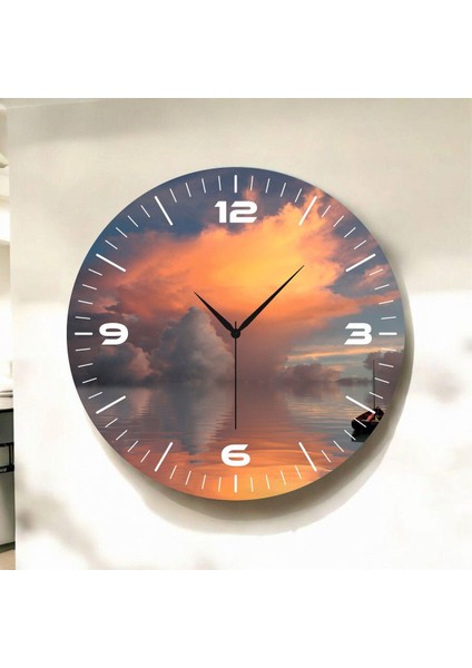 Renkli Baskı Doğa Desenli Sayılı Hediyelik Ahşap Sessiz Duvar Saati 50CM
