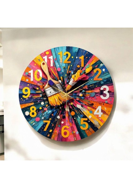 Renkli Baskı Desenli Sayılı Hediyelik Ahşap Sessiz Duvar Saati 50CM