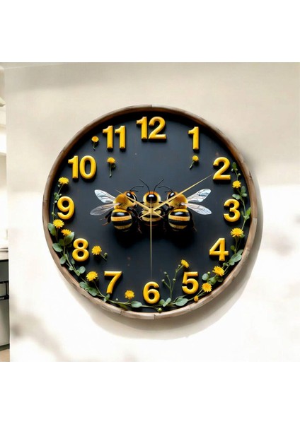 Renkli Baskı Arı Hayvan Desenli Sayılı Hediyelik Ahşap Sessiz Duvar Saati 45CM