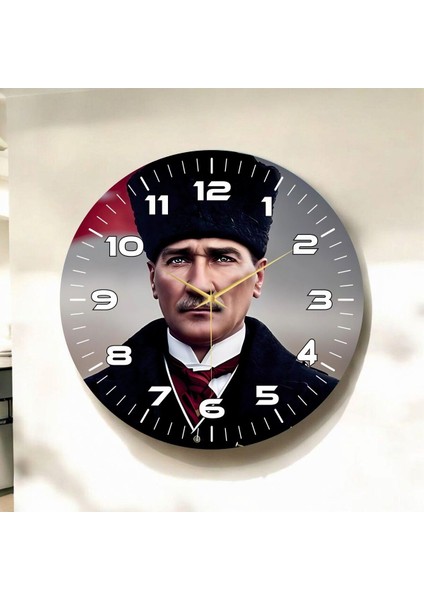 Renkli Baskı Atatürk Desenli Sayılı Hediyelik Ahşap Sessiz Duvar Saati 45CM