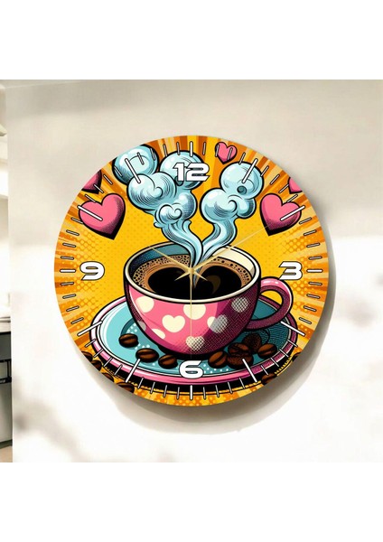 Renkli Baskı Kahve Desenli Sayılı Hediyelik Ahşap Sessiz Duvar Saati 45CM