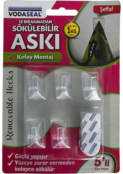 İz Bırakmadan Sökülebilir Askı Şeffaf 5 Li Eko Paket Max 1 Kg