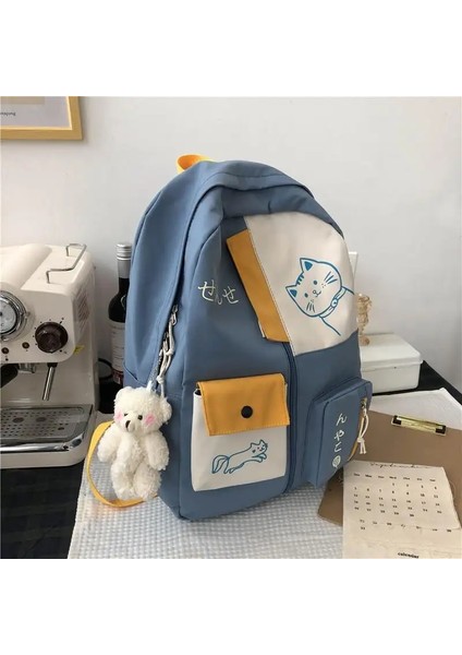 Yüzlerce Basit Ortaokul Öğrencisi Okul Çantası Büyük Kapasiteli Ilkokul Öğrencileri Okul Çantası Sevimli Kedi Desenli: Siyah (Yurt Dışından)
