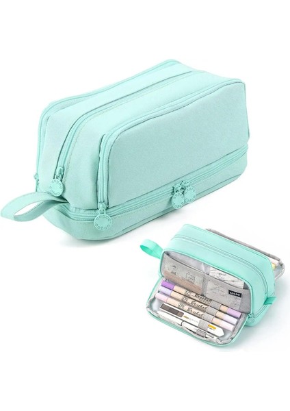 Siyah Kalem Çantası Yüksek Kapasiteli Kalem Kılıfı Düz Renkli Cetvel Tuval Poşeti Okul Malzemeleri Hediye Tutucu Depolama 2 Katmanlar Düzenleyici Renkli: Açık Yeşil (Yurt Dışından)