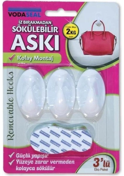 İz Bırakmadan Sökülebilir Askı Beyaz 3 Lü Eko Paket Max 2 Kg