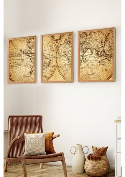 Premium Ahşap Çerçeveli 3lü Modern Iskandinav Bohem Tarz Dekoratif Ev Dekorasyonu Tablo SETI-SET10 30X20