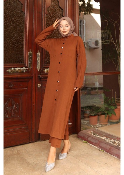 Yaka Detaylı Uzun Takım Kahverengi fırsatları