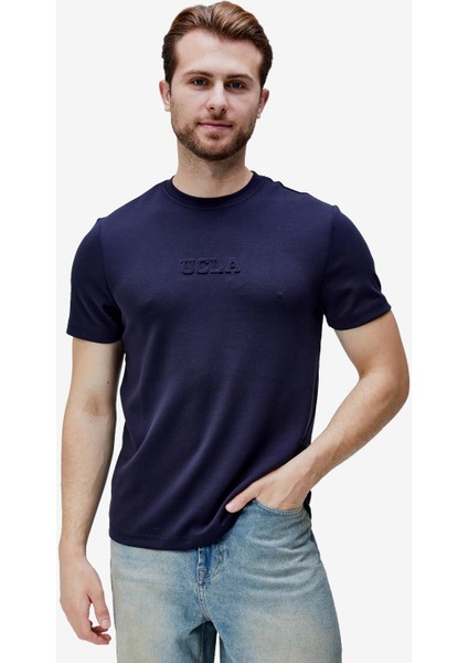 Canary Lacivert Bisiklet Yaka Gofre Baskılı Modal Kumaş Standard Fit Erkek Tshirt