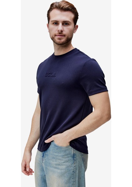 Canary Lacivert Bisiklet Yaka Gofre Baskılı Modal Kumaş Standard Fit Erkek Tshirt modelleri