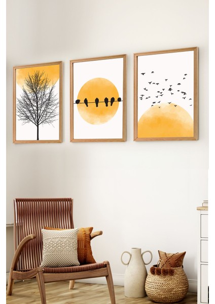 Premium Ahşap Çerçeveli 3lü Modern Iskandinav Bohem Tarz Dekoratif Ev Dekorasyonu Tablo Seti-Set7 30X20