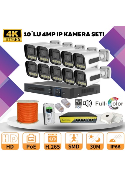 10'lu Güvenlik Ip Kamera Seti - 4mp Dış Mekan Kamera, 3.6mm Lens, H.265, Poe, Warm LED Gece Görüşlü