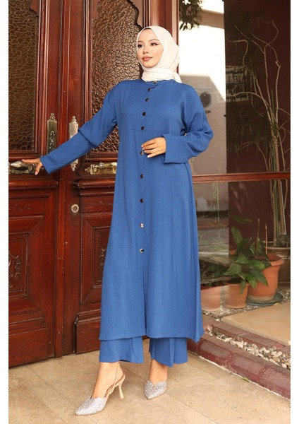 Yaka Detaylı Uzun Takım Indigo