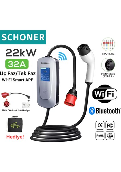 22KW Taşınabilir Elektrikli Araç Şarj Istasyonu Wi-Fi / Bluetooth Smart 5 Metre Tip2 Kablolu Trifaz/monofaz 32A