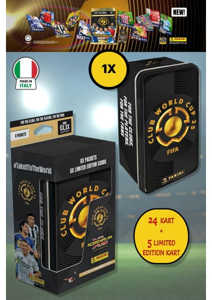 Panini Club World Cup 25 Futbolcu Kartları Tin Box Metal Kutu (24 Kart + 5 Limited Edition Kart)