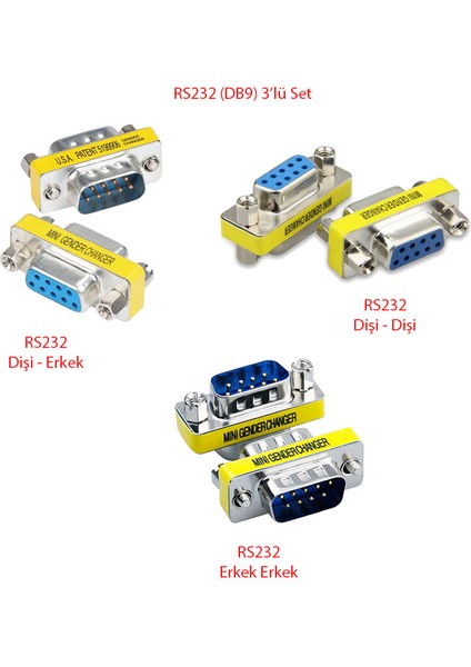 RS232 Dişi Erkek Çevirici Set Db9 RS232 9 Pin Dişi Erkek Çevirici 3'lü Set