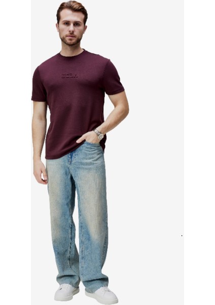 Canary Bordo Bisiklet Yaka Gofre Baskılı Modal Kumaş Standard Fit Erkek Tshirt modelleri