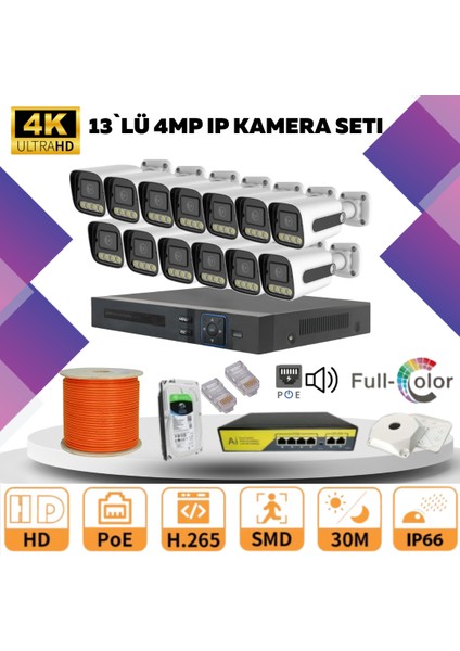 13'lü Güvenlik Ip Kamera Seti - 4mp Dış Mekan Kamera, 3.6mm Lens, H.265, Poe, Warm LED Gece Görüşlü Henüz Değerlendirilmemiş Ilk Sen Değerlendir