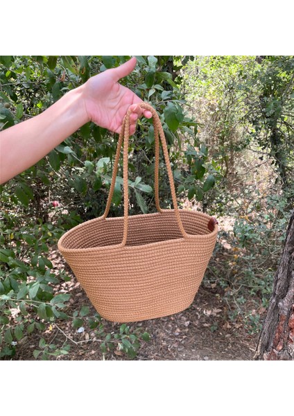 Jüt Ip Çanta ve Şapka Seti Sütlü Kahve - 23X33 cm Genişliğinde Yazlık El Çantası ve 34X9 cm Şapka modelleri