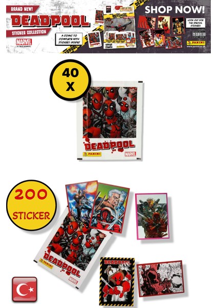 40 Paket - Marvel Deadpool Çıkartma Paketi | Panini Lisanslı Ürün ( 200 Stıcker )