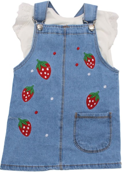 Kız Çocuk Ekru Mavi Çilek Desenli Kot Salopet Takım