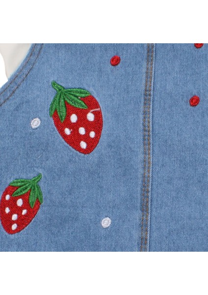 Kız Çocuk Ekru Mavi Çilek Desenli Kot Salopet Takım modelleri