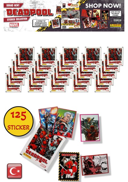 25 Paket - Marvel Deadpool Çıkartma Paketi | Panini Lisanslı Ürün ( 125 Stıcker )