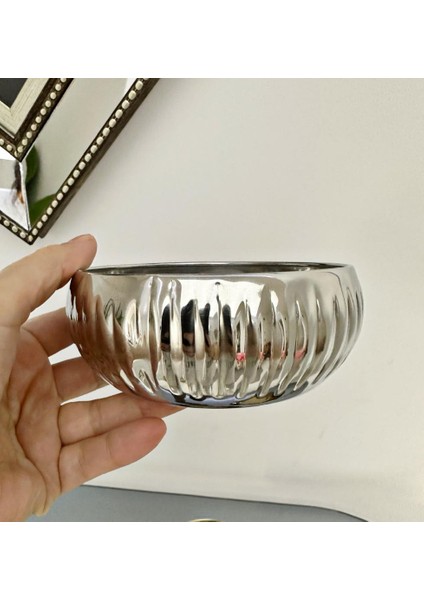 Lüks Mini Paslanmaz Çelik Saksı Kase Çizgi Desen Gümüş 12 cm fiyatları