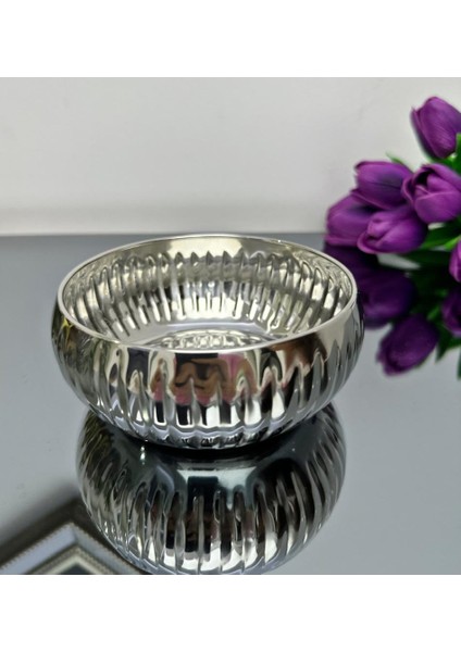 Lüks Mini Paslanmaz Çelik Saksı Kase Çizgi Desen Gümüş 12 cm modelleri